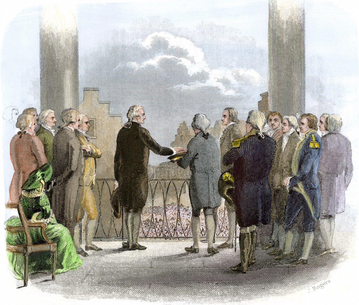 Investitur av George Washington (1732-1799) (färggravyr) av American School