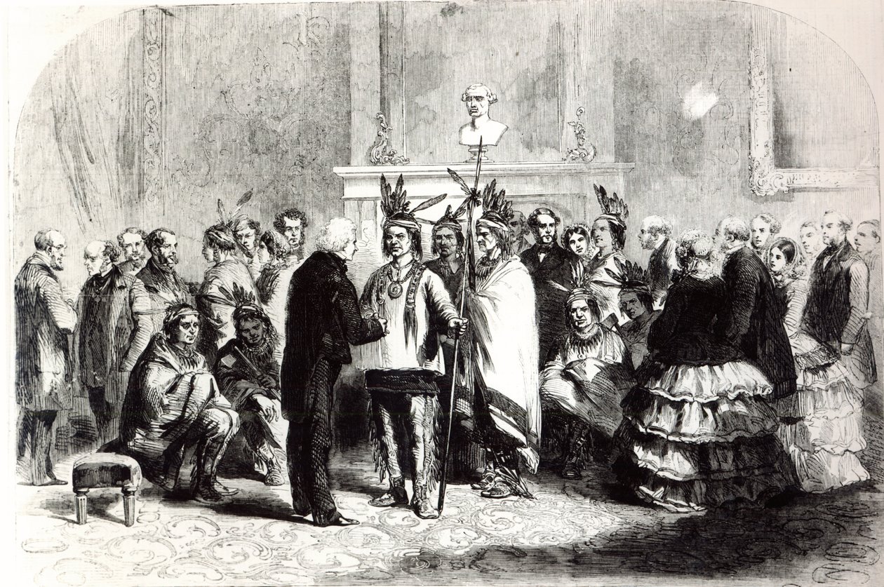 James Buchanan, USA:s president, förmår de fientliga stammarna Pawnees och Poncas att skaka hand, 1858 av American School