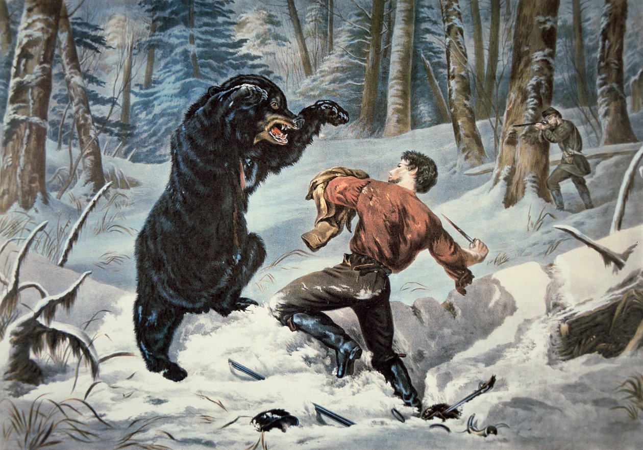 Jedediah Smith (1799-1831) attackeras av en Grizzlybjörn, ca 1861 (lito i färg) av American School