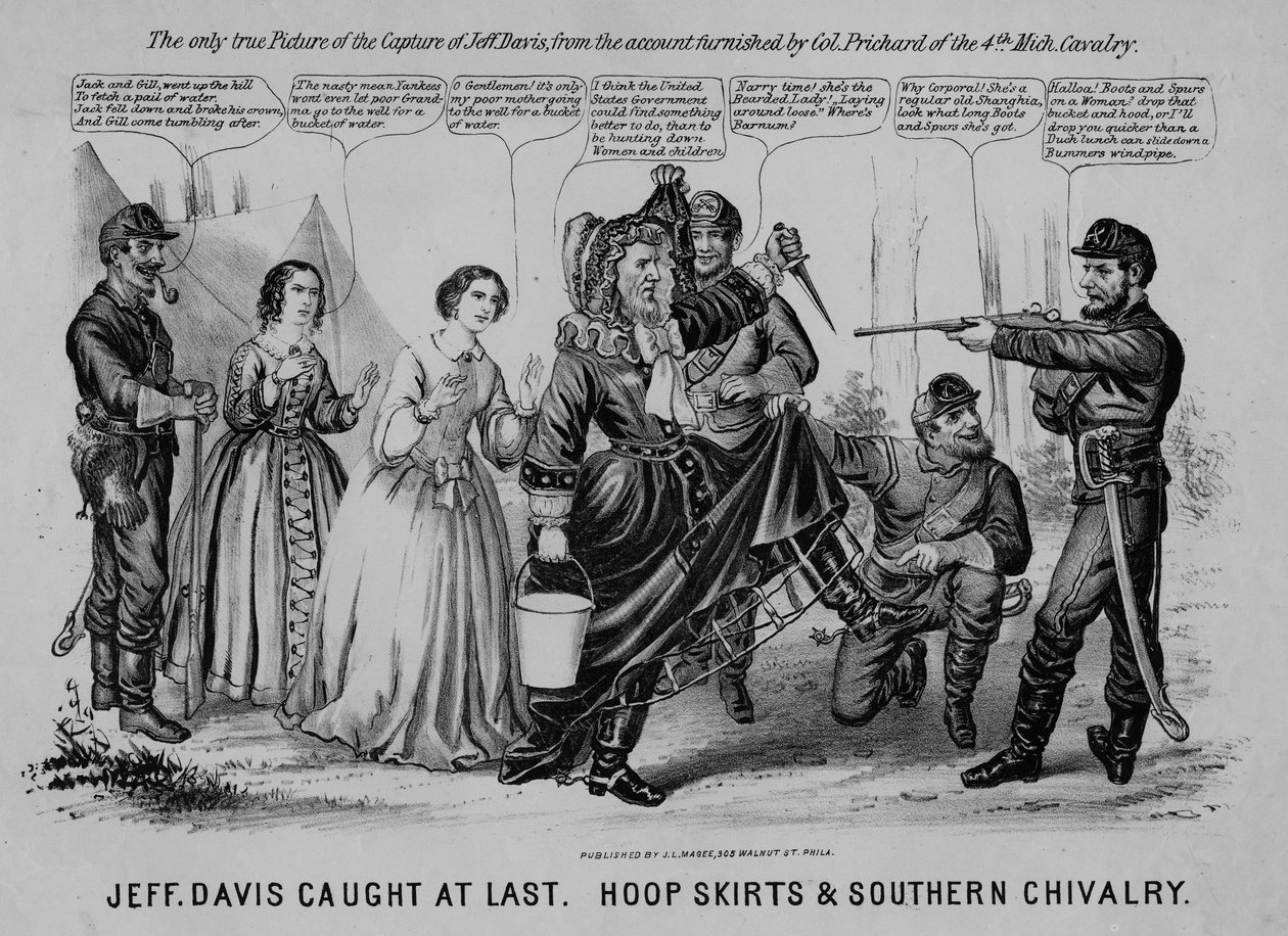 Jeff Davis fångade äntligen: hoop kjolar & Southern Chivalry, publicerad av J.L. Magee, Philadelphia, ca 1865 av American School