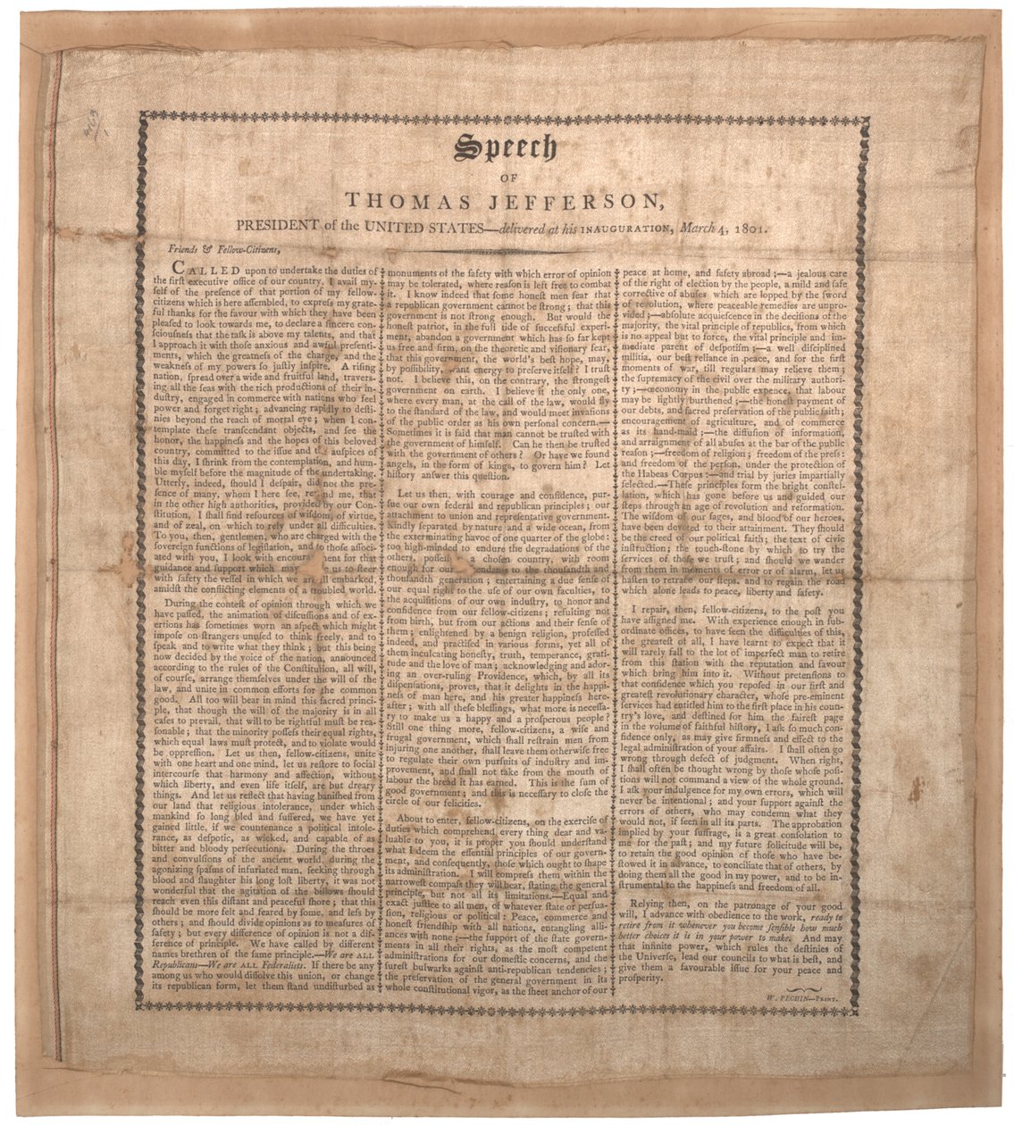 Jeffersons första invigningstal, tryckt av Pechin, Baltimore, 4 mars 1801 (lito på siden) av American School