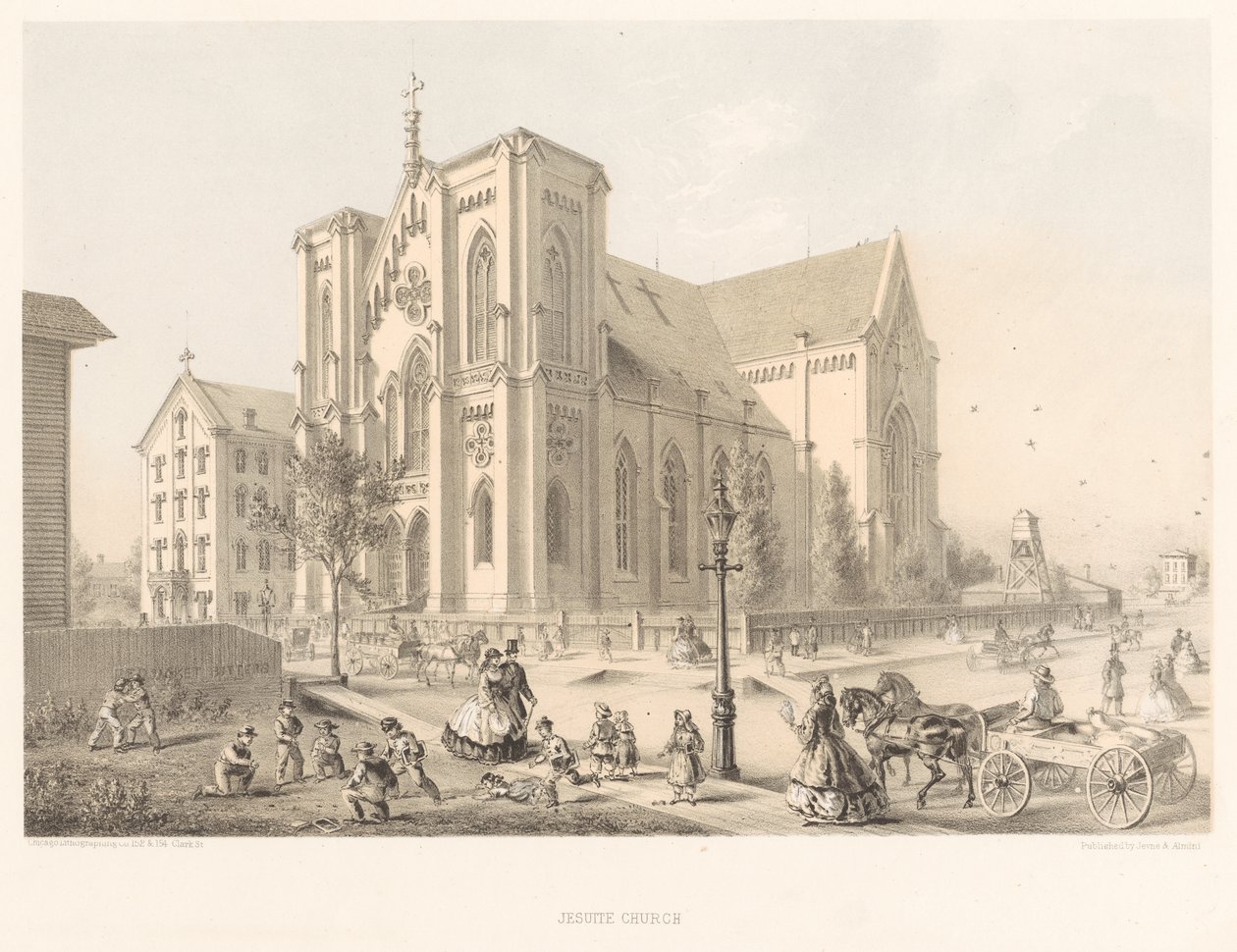 Jesuit Church, Church of the Holy Family, Chicago 1866 (litho) av American School