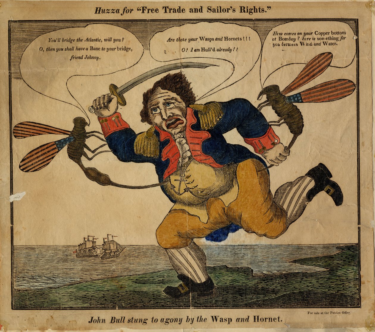John Bull stack till vånda av getingen och bålgetingen, 1813 (handfärgad reliefsnitt) av American School