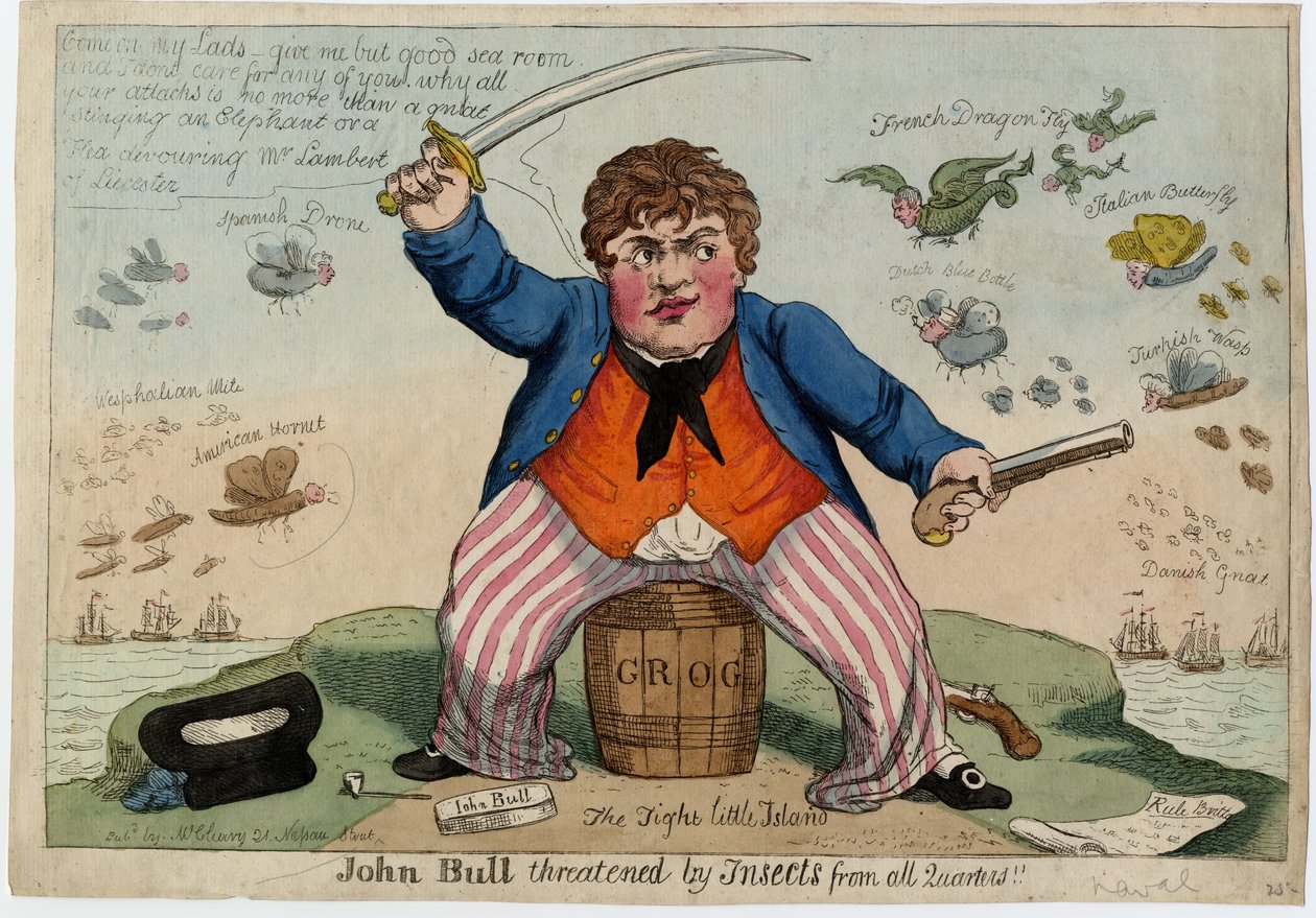 John Bull hotad av insekter från alla håll, ca 1813 (handfärgad etsning) av American School