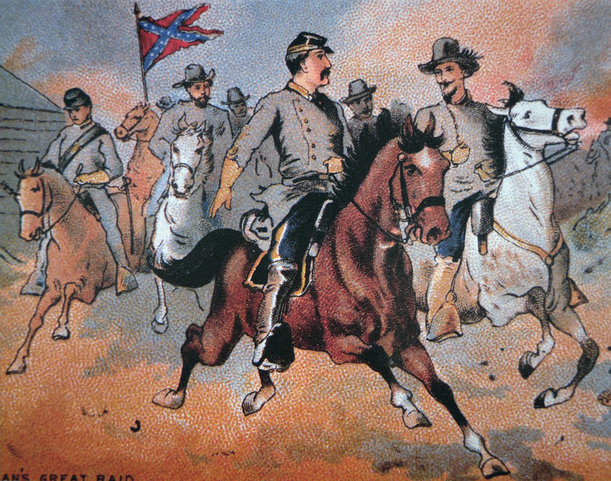 John Hunt Morgan (1825-64) och hans räd genom Kentucky (färg litho) av American School