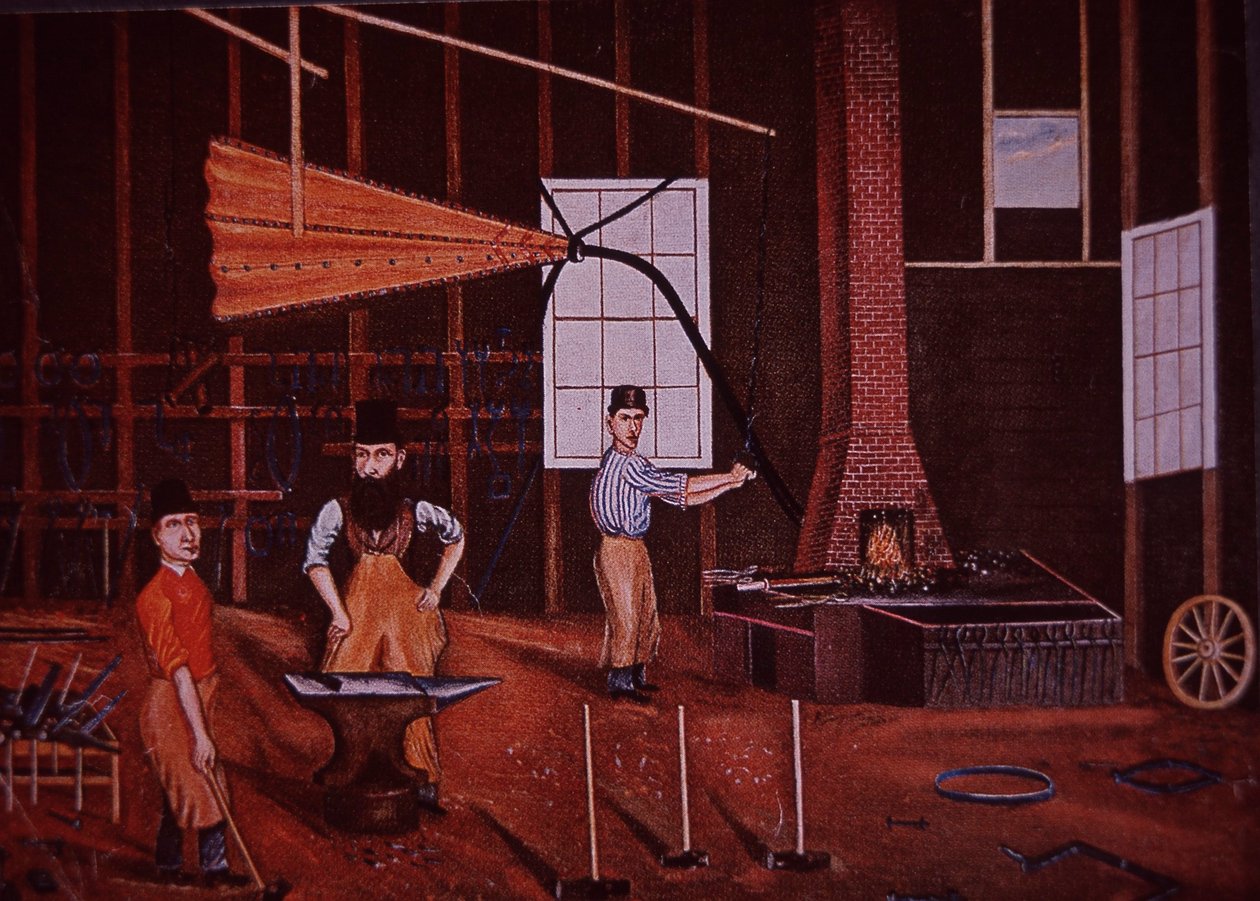 John Mohler Studebaker (mitten), tysk-amerikansk vagnsmakare i verkstad, ca 1858 (färg litho) av American School