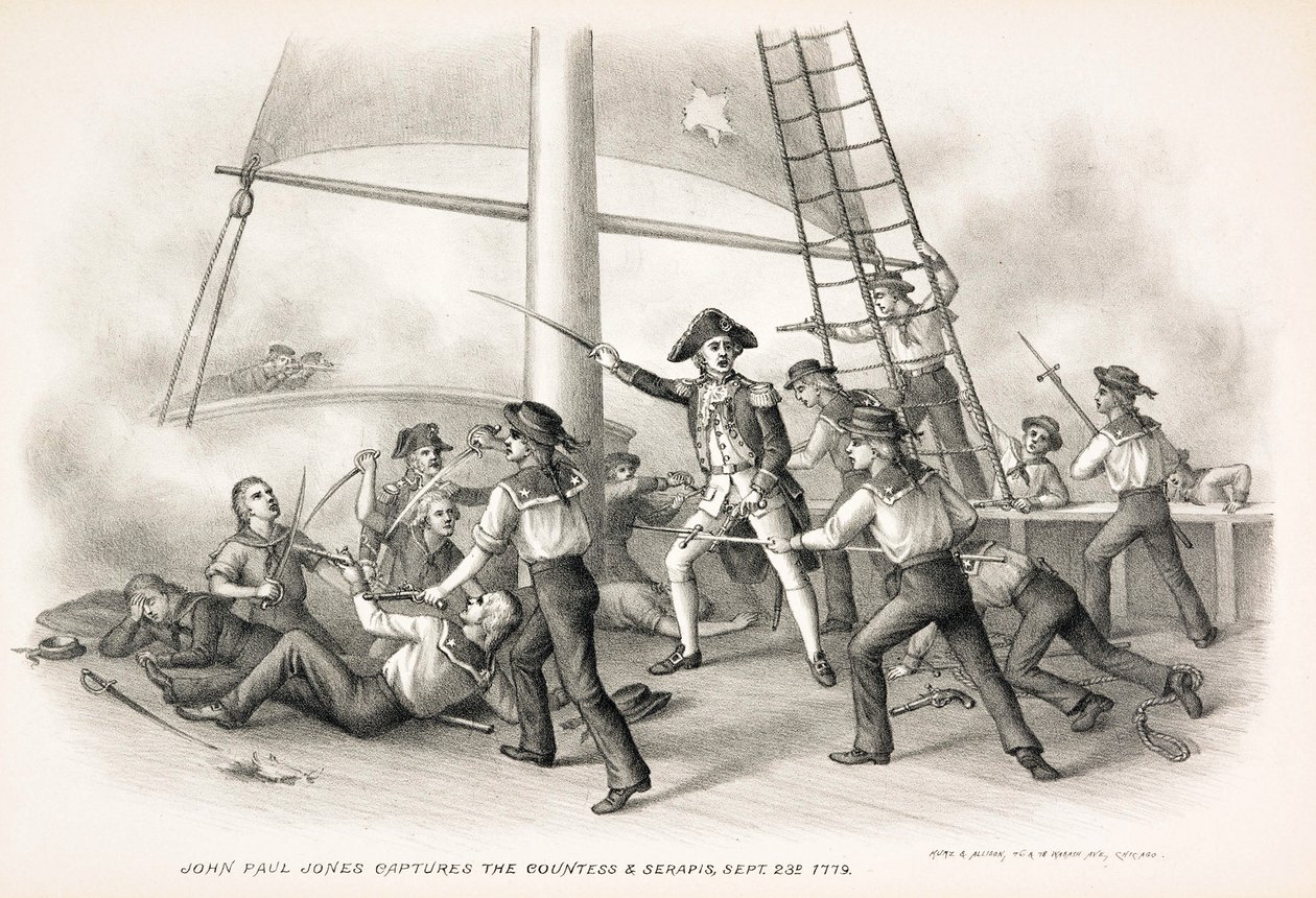 John Paul Jones fångar grevinnan och Serapis, 23 september 1779, pub.1885 av American School