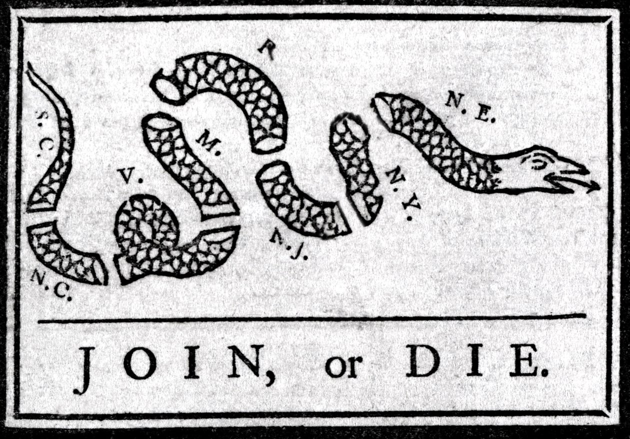 Join or Die, teckning, betraktar den första politiska karikatyren, publicerad i "Pennsylvania", Gazette av Benjamin Franklin 1754. Den representerar en orm uppdelad i flera sektioner med legenden "" Join or Die"". Detta är en vädjan till det 13 amerikanska av American School
