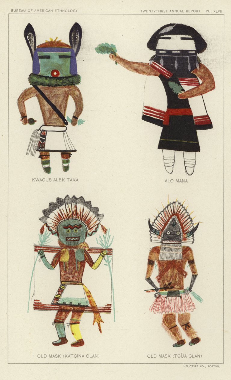 Kwacus Alek Taka, Alo Mana, Gammal mask (Katcina-klanen), Gammal mask (Tcua-klanen) (färglitografi) av American School