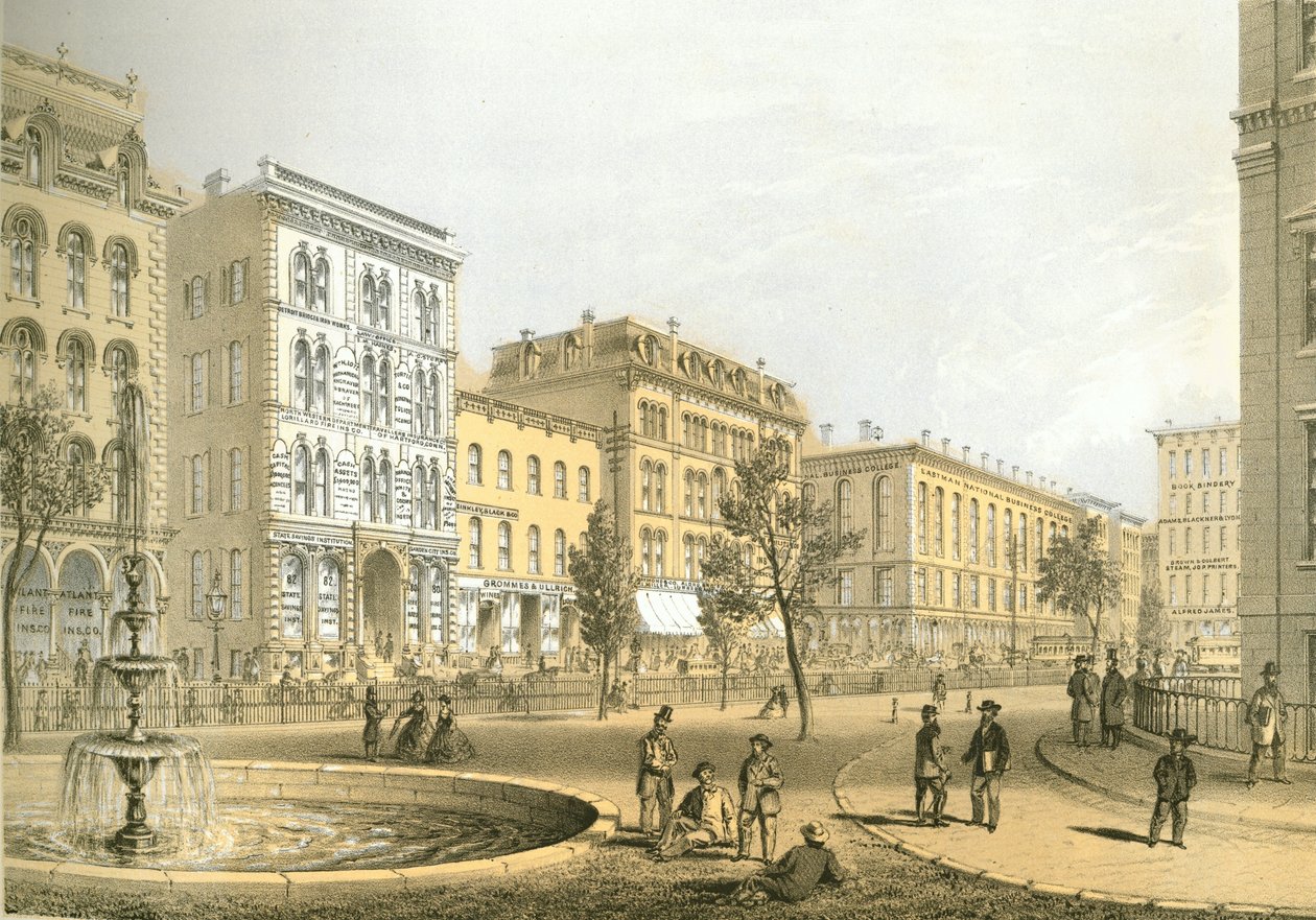 LaSalle Street från Courthouse Square, från Chicago Illustrated, med litterära beskrivningar av James W. Sheahan, publicerad av Jevne & Almini, Chicago, 1866-67 av American School