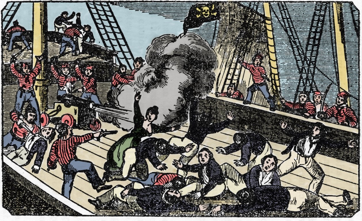 Piratherren Jean Lafittes död (1780-1826), gravering av "The pirate own book" 1837. av American School