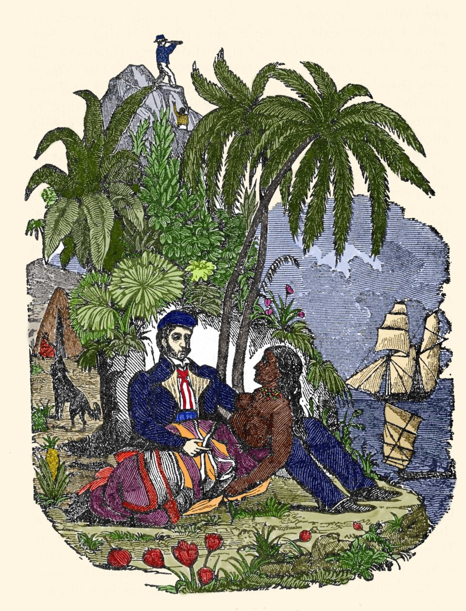 Piraternas liv på ön Madagaskar. Gravyr av "Piratens egen bok" 1837. av American School