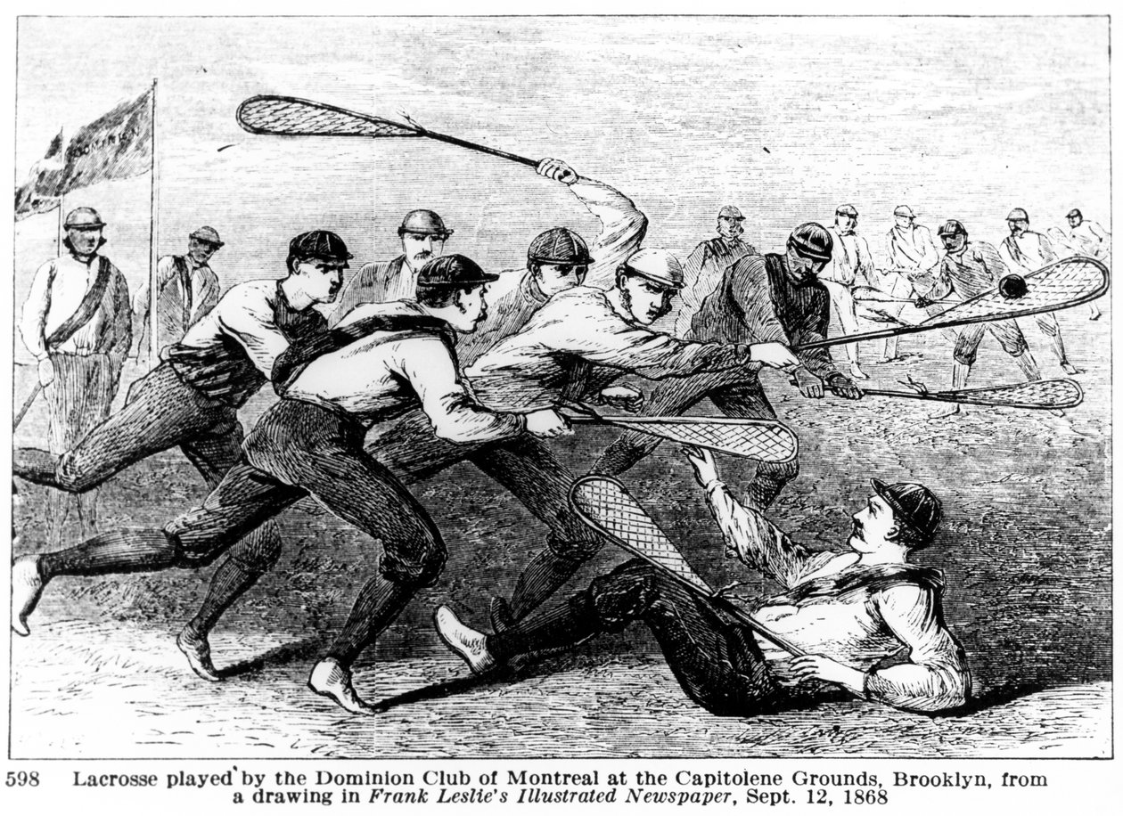 Lacrosse spelad av Dominion Club of Montreal på Capitoline Grounds, Brooklyn, från en teckning i Frank Leslies Illustrated Newspaper av American School