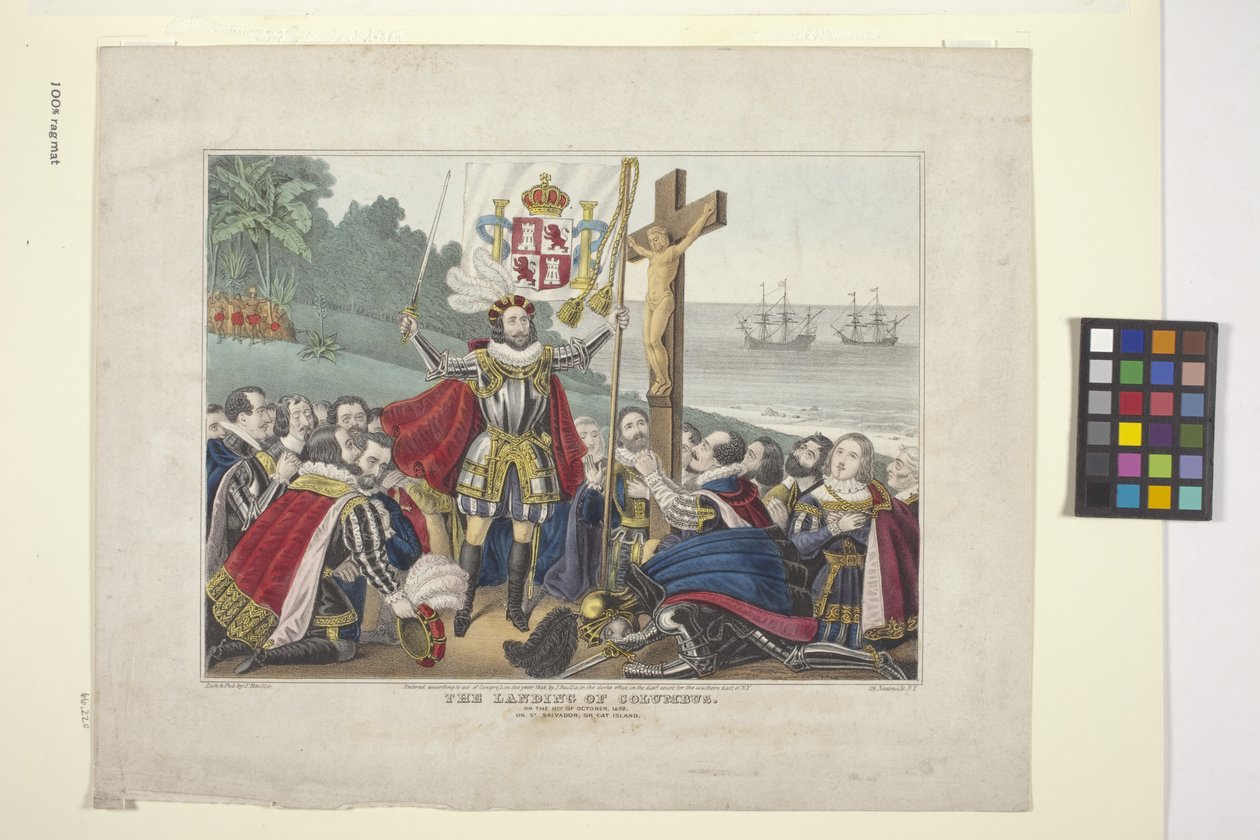 Landing Of Columbus (handfärgad litografi) av American School