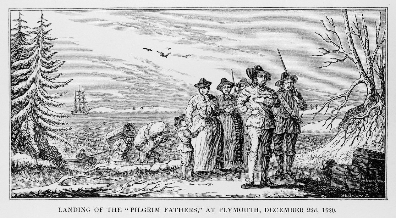 Pilgrimsfädernas landning i Plymouth på Cape Cod, Massachusetts, 22 december 1620, tryckt i History and Antiquity of New England, New York... 1842 av American School
