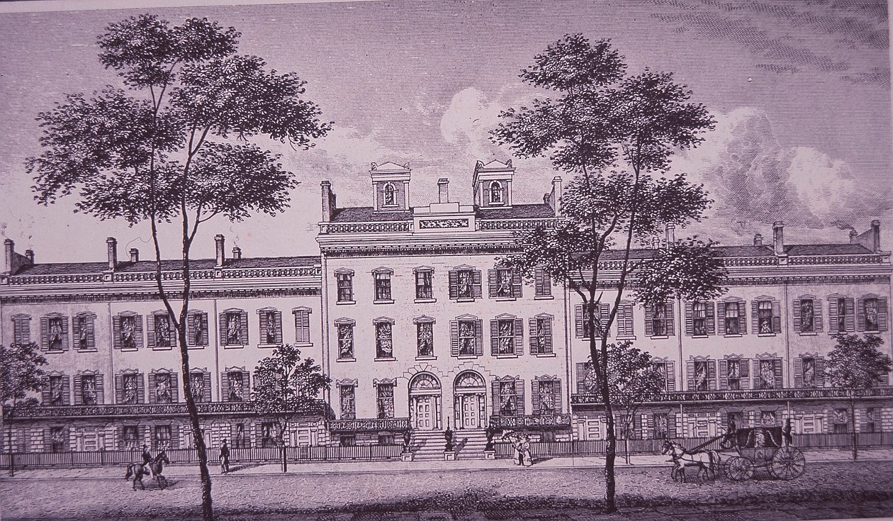 LeRoy Place 1831, en del av vad som nu är Bleecker Street i Greenwich Village (gravyr) av American School