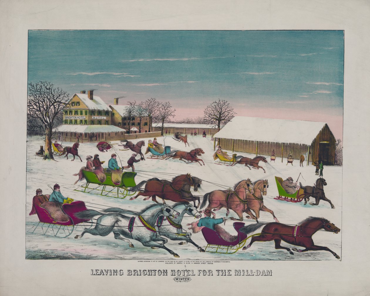 Lämnar Brighton Hotel för Mill-Dam, Winter, ca 1871 (tryck) av American School