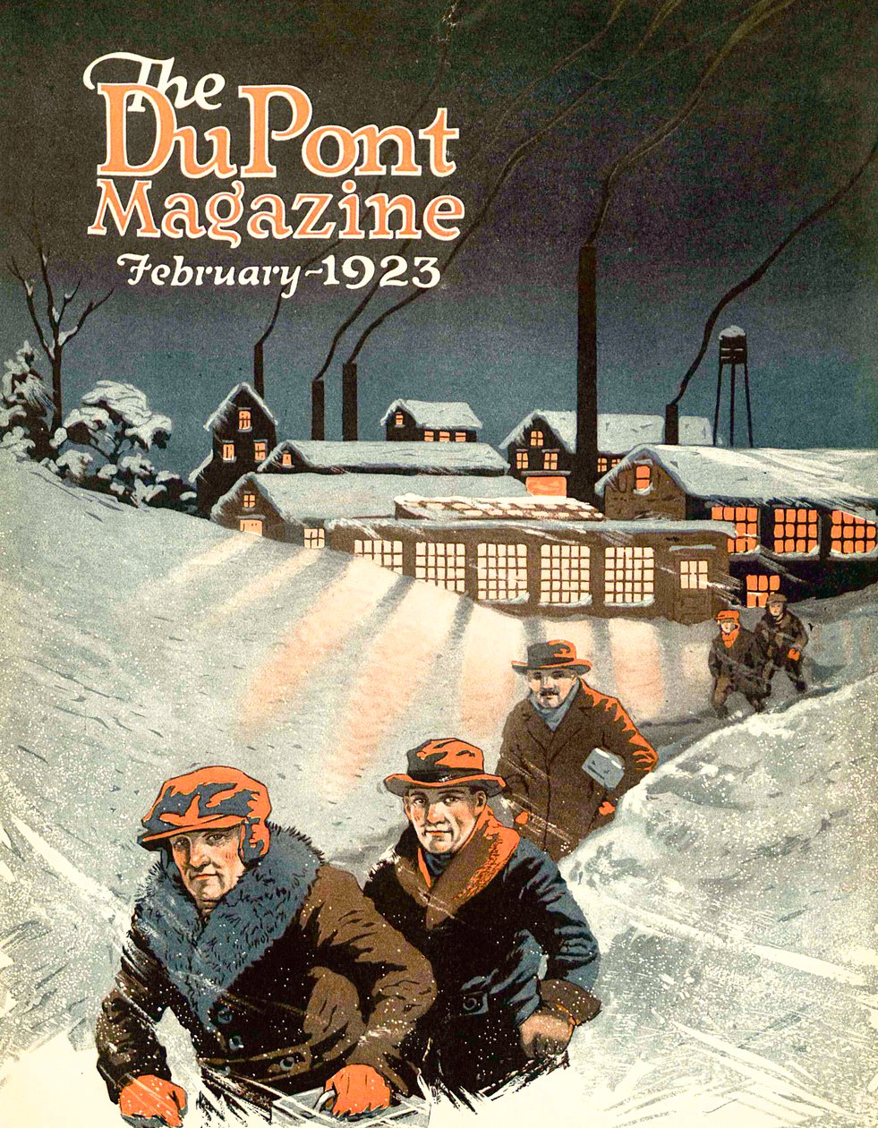 Lämnar arbetet i snön, framsidan av DuPont Magazine, februari 1923 av American School