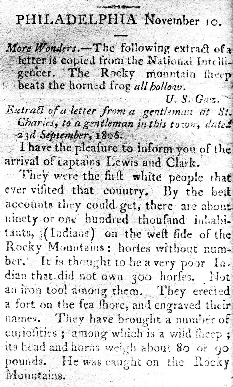 Brev som tillkännager ankomsten av kaptenerna Lewis och Clark, från The Boston Intelligencer, 19 november 1806 (tryck) av American School