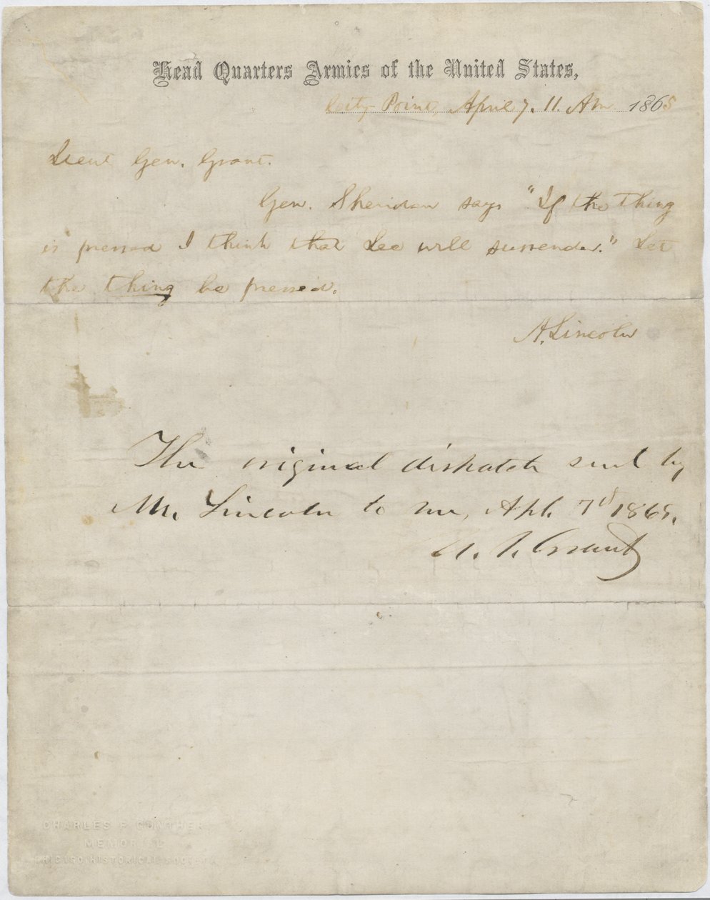 Brev från Abraham Lincoln till general Ulysses S. Grant, 7 april 1865 av American School