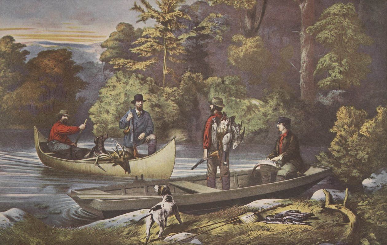 Livet i skogen, återvänder till lägret, pub. 1860, Currier & Ives av American School