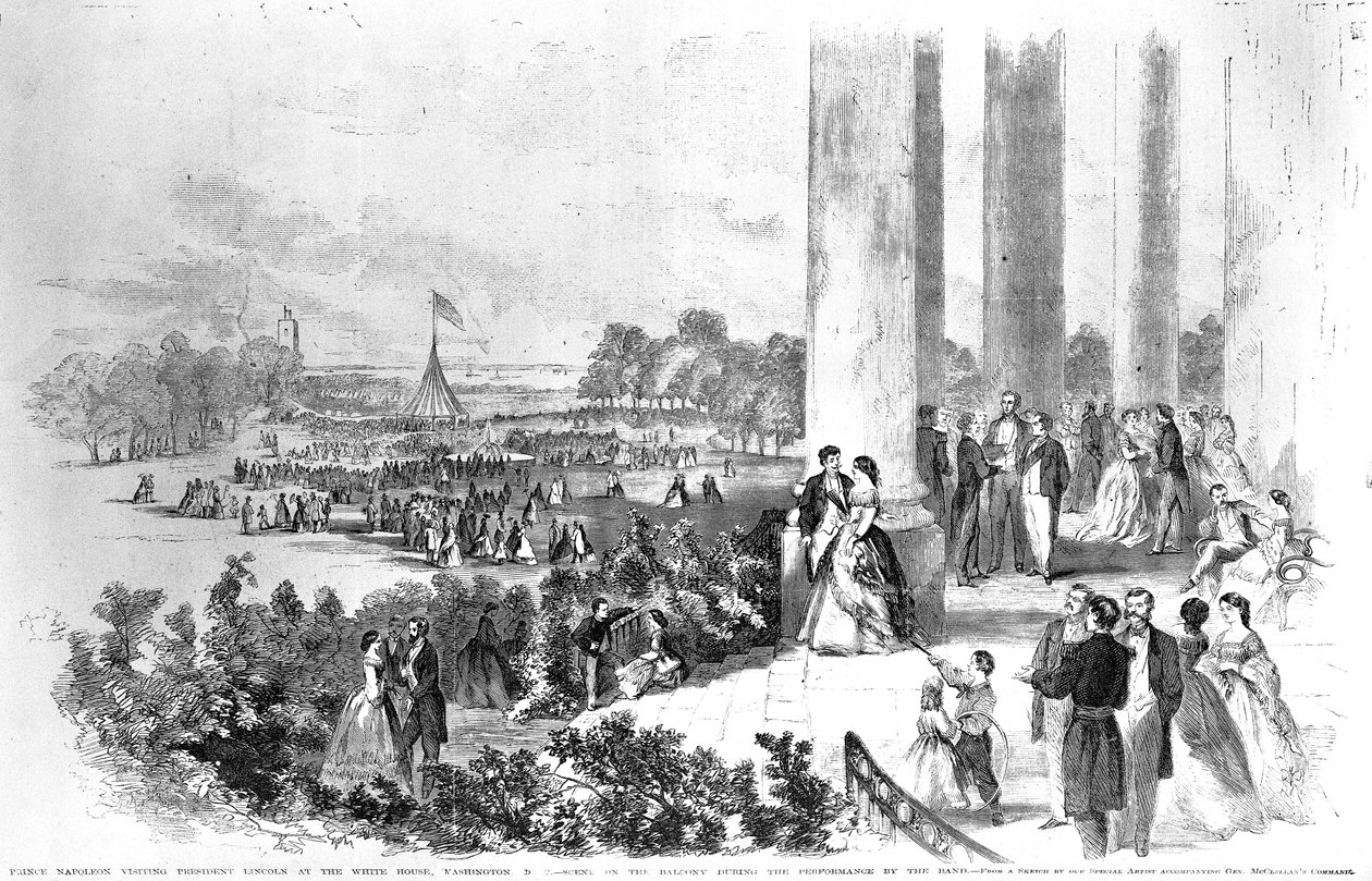Lincolns mottagning i Vita huset för kejsar Napoleon (1808-73) från Frank Leslies Illustrated Newspaper 17 augusti 1861 av American School