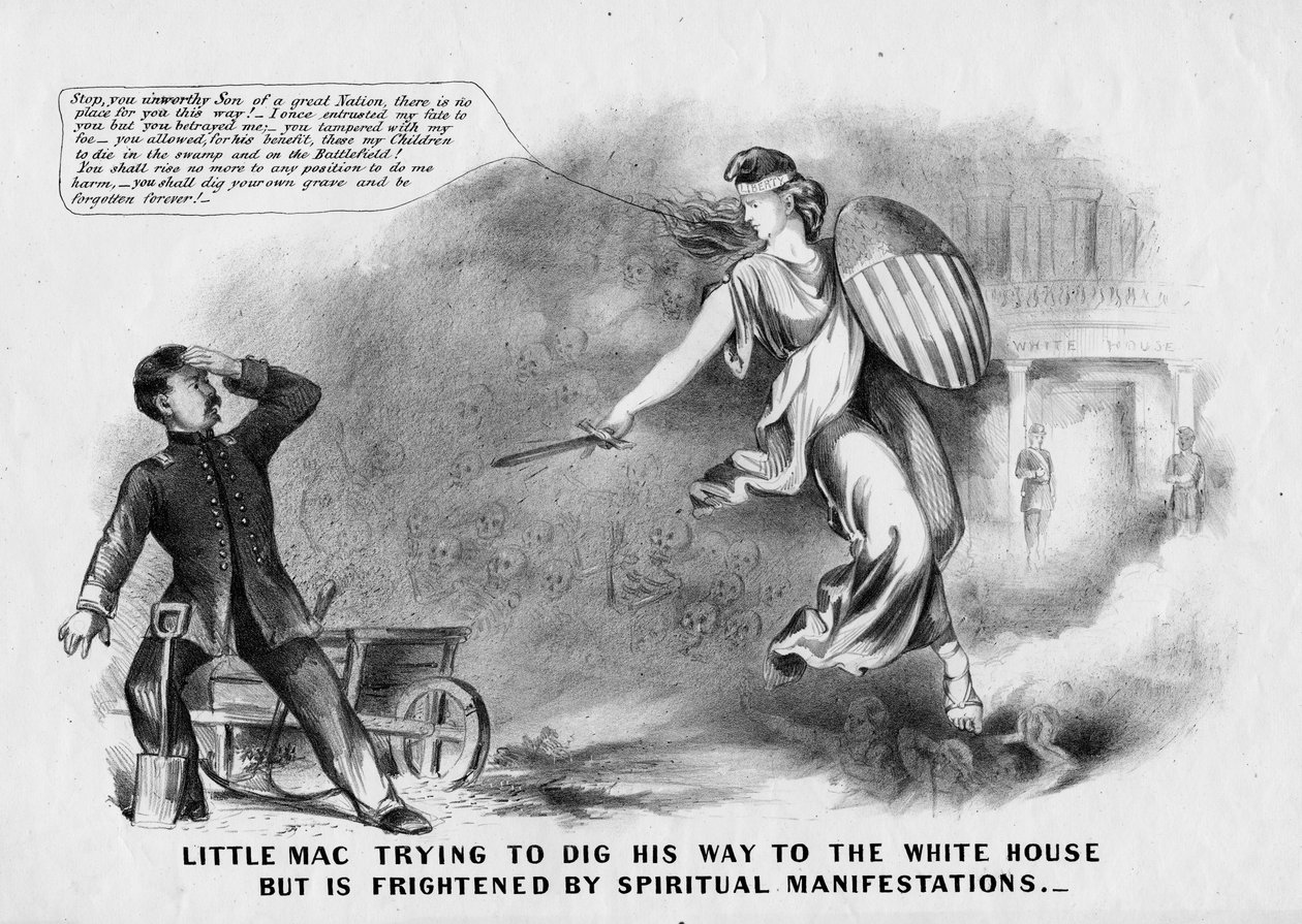 Lille Mac försöker gräva sig till Vita huset men är rädd av andliga manifestationer, 1864 av American School