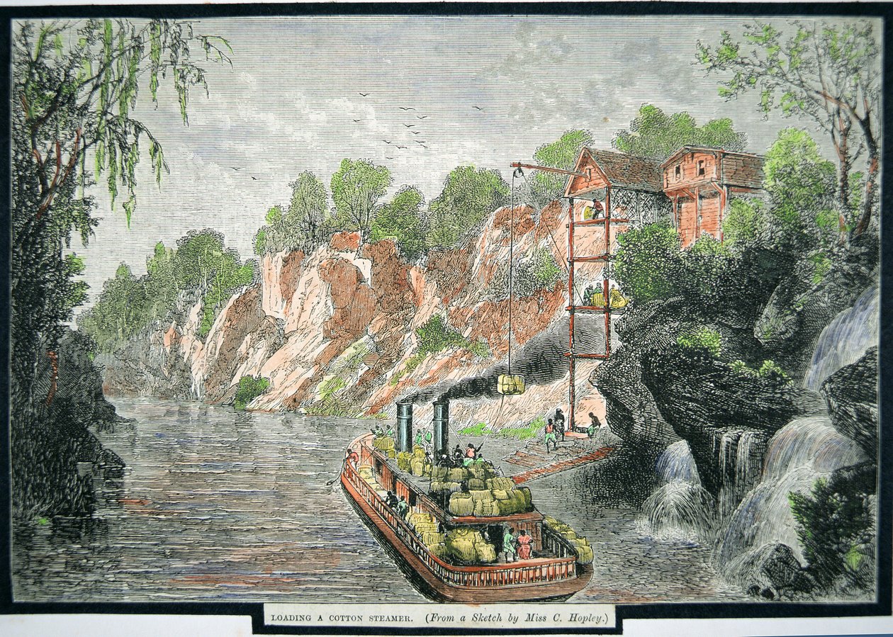 Laddar ångbåten med bomullsbalar från en plantage, ca 1860 (färgad gravyr) av American School