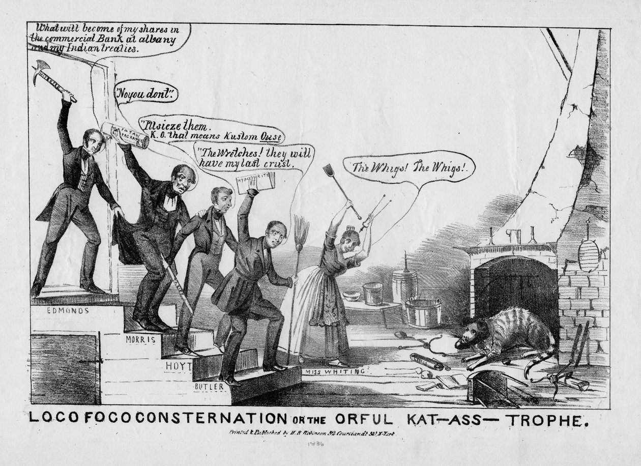 Loco Foco bestörtning, eller, The orful kat-asstrophe, publicerad av H R Robinson, New York, ca 1838 av American School