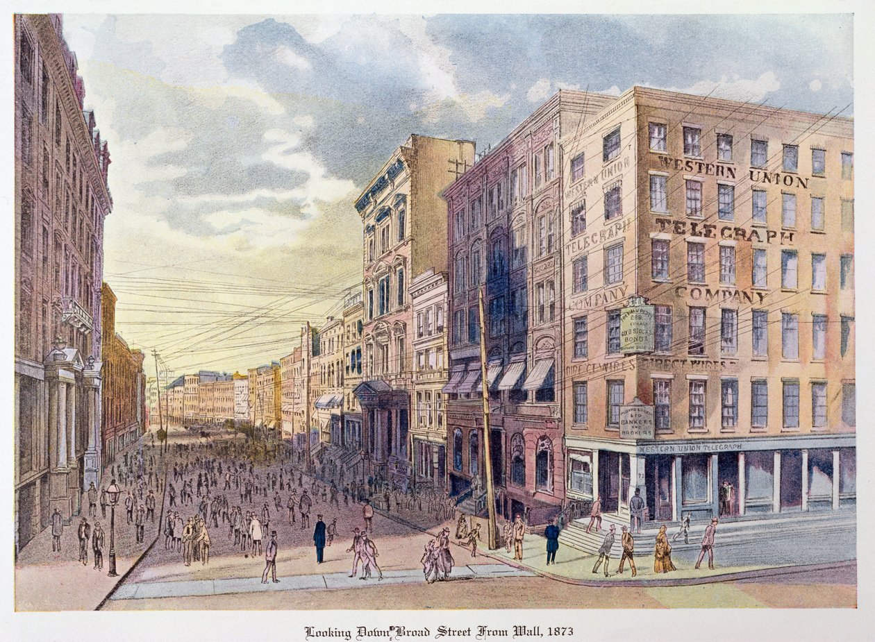 Ser ner på Broad Street från Wall 1873, illustration från Old New York, igår och idag av Henry Collins Brown, 1922 av American School