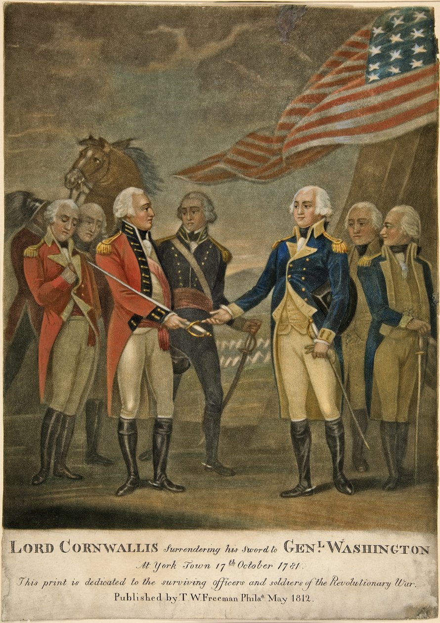 Lord Cornwallis överlämnar sitt svärd till genl. Washington i York Town av American School