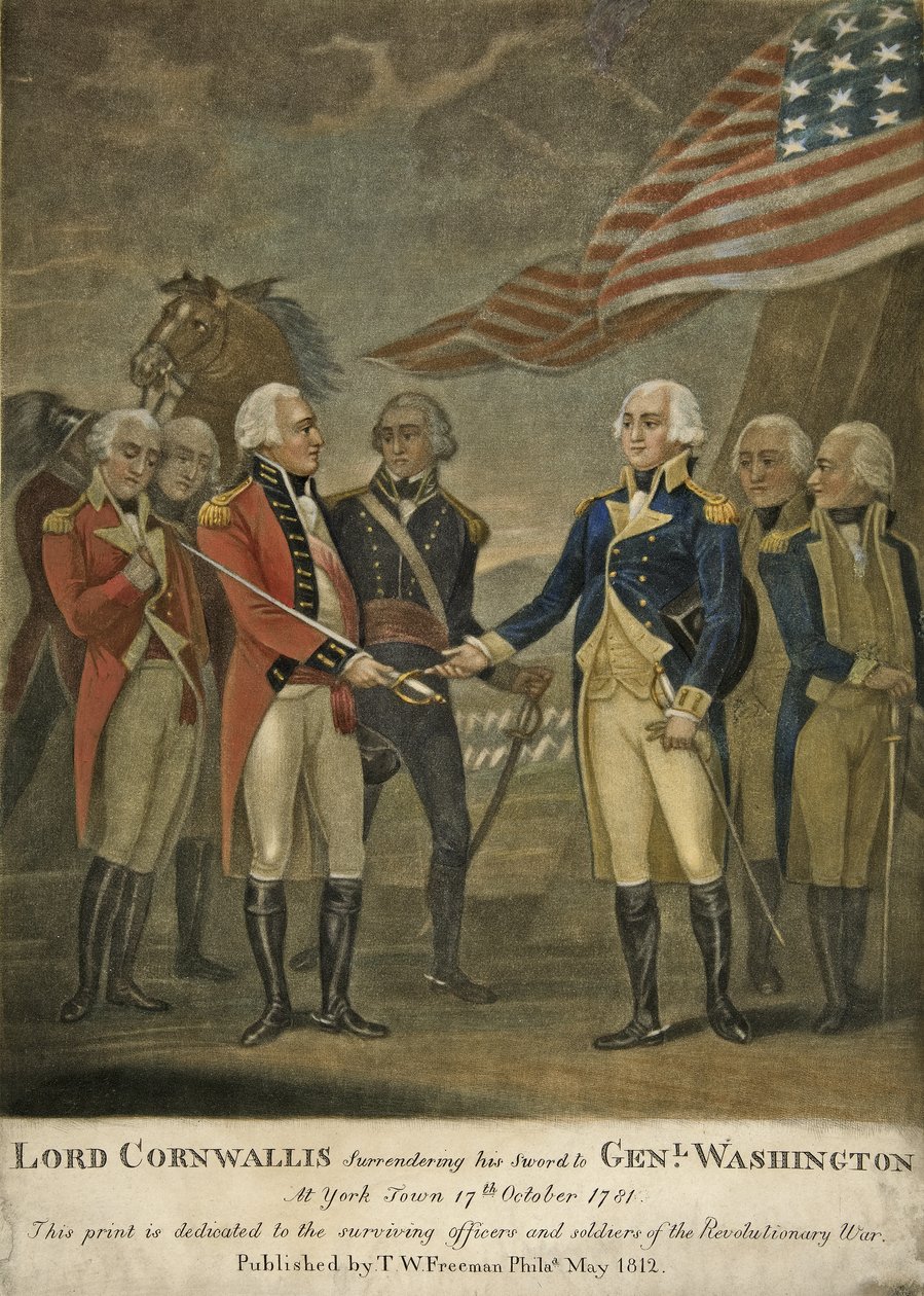 Lord Cornwallis överlämnar sitt svärd till genl. Washington i York Town av American School