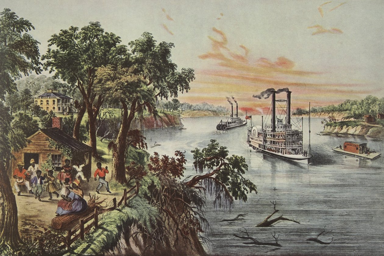 ロー ウォーター イン ザ ミシシッピ、パブ。 1868年、Currier & Ives (色リソ)スウェーデン語 av American School