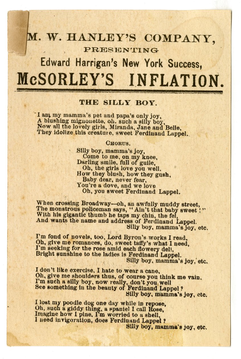 M.W. Hanleys Col presenterar Edward Harrigans senaste N.Y. Success, McSorleys Inflation [teaterkort]. Verso, ca 1882 (litografi [handelskort]) av American School
