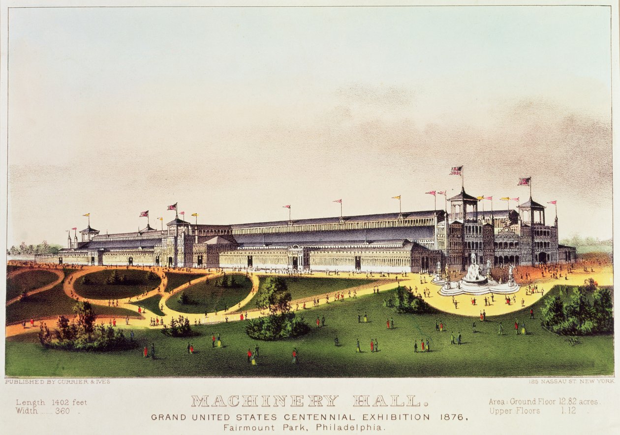 Machinery Hall, Grand United States Centennial Exhibition, Fairmount Park, publicerad av Nathaniel Currier (1813-88) och James Merritt Ives (1824-95), 1876 av American School