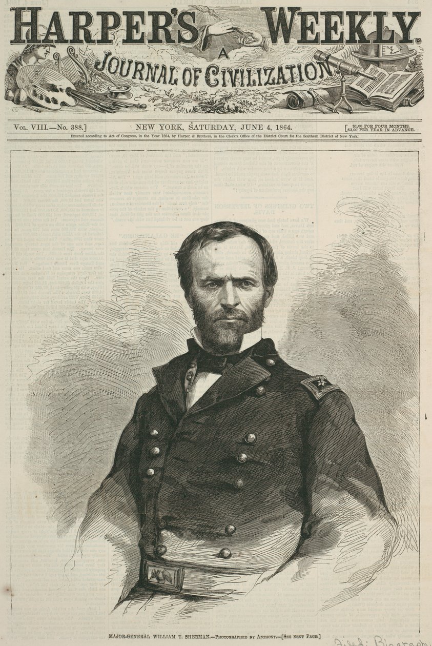 Generalmajor William T. Sherman, förstasidan av Harpers Weekly, 1864 (trästick) av American School
