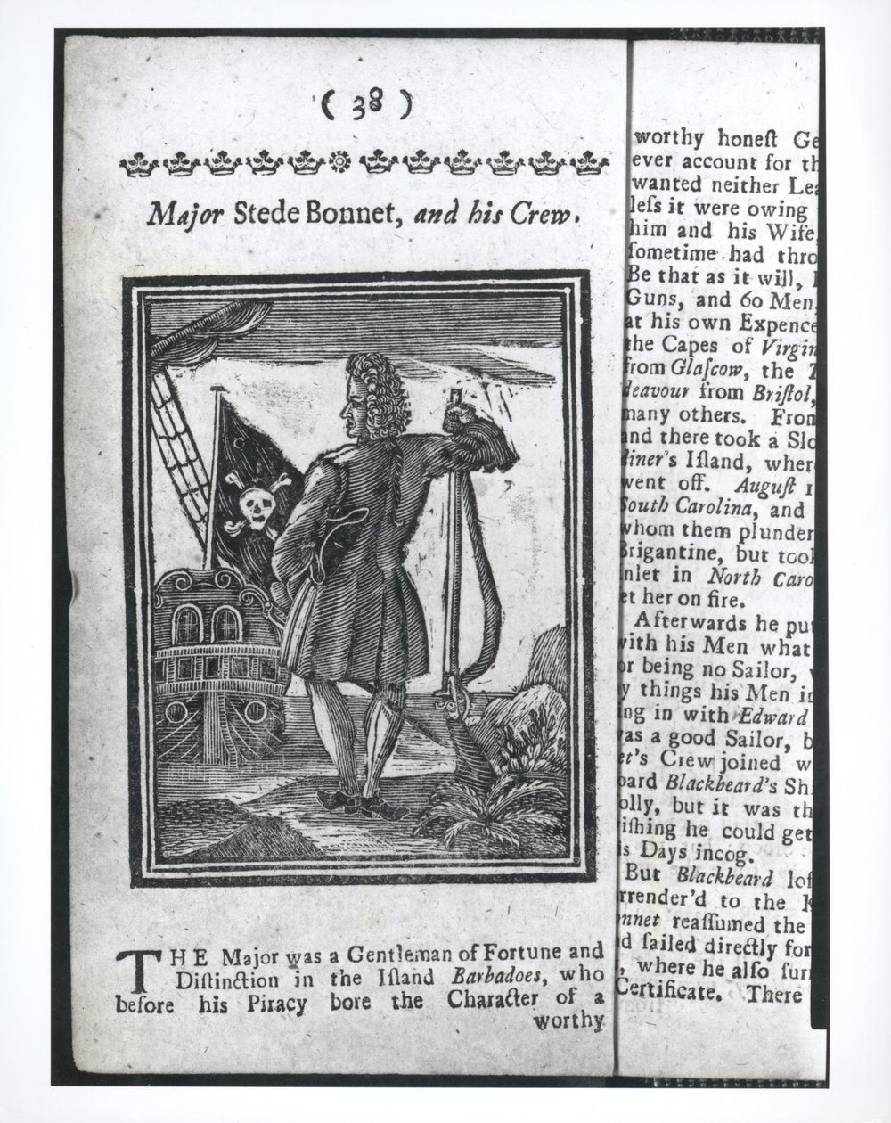 Major Stepe Bonnet, sidan 38 från Historier och liv för alla de mest beryktade piraterna och deras besättningar, London, 1725 av American School