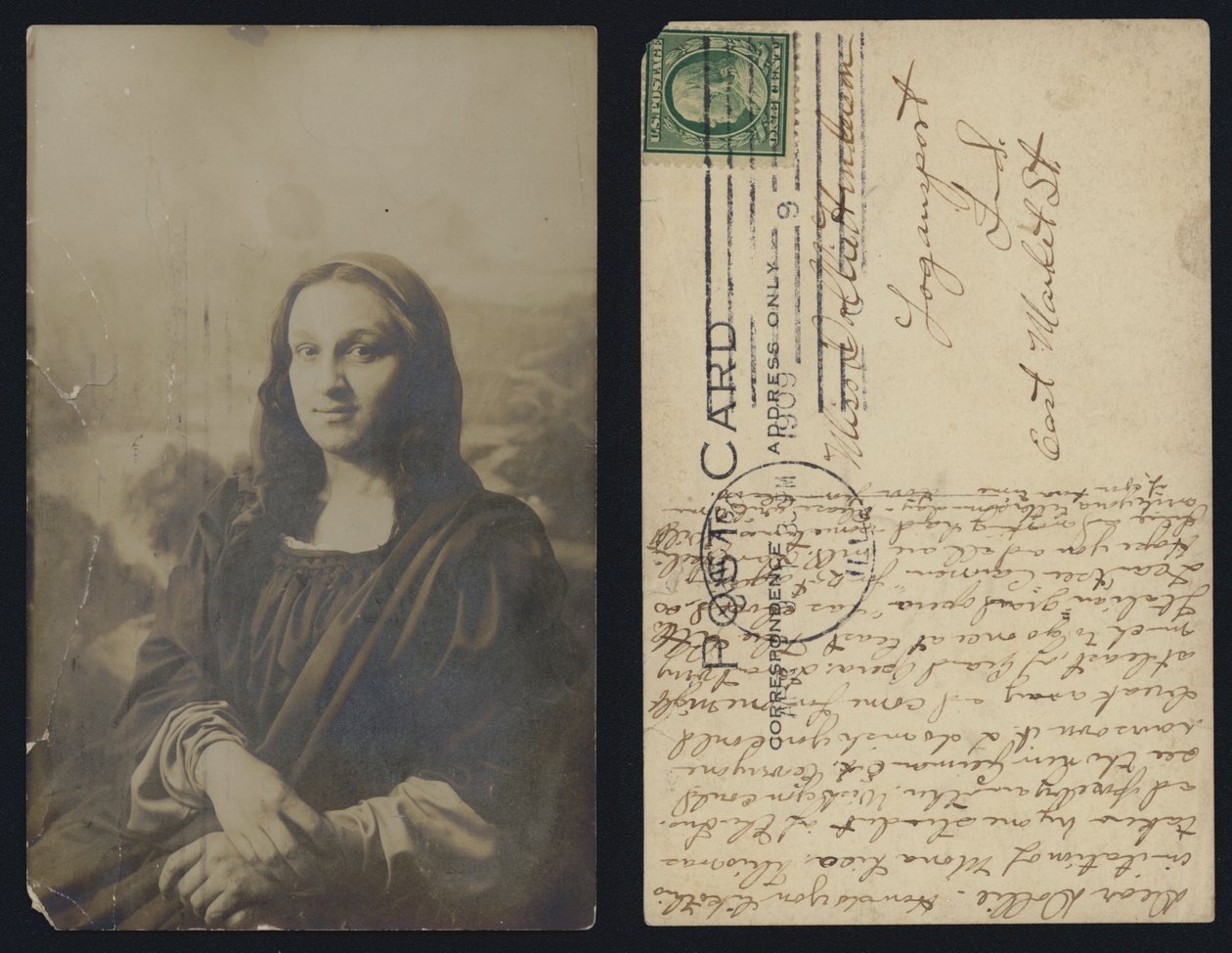 Manligt Mona Lisa-vykort skickat i USA av American School