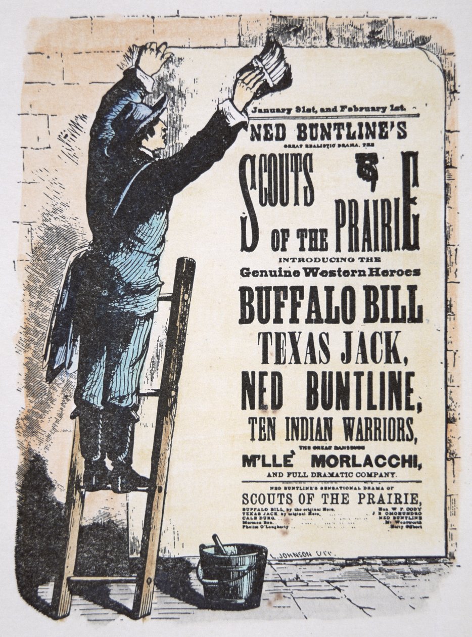 Man som lägger upp en teaterräkning för "Scouts of the Prairie"-pjäs med Buffalo Bill Cody (1846-1917), Texas Jack (1846-79) och Ned Buntline (1823-86) ca 1874 (färgad gravyr) av American School