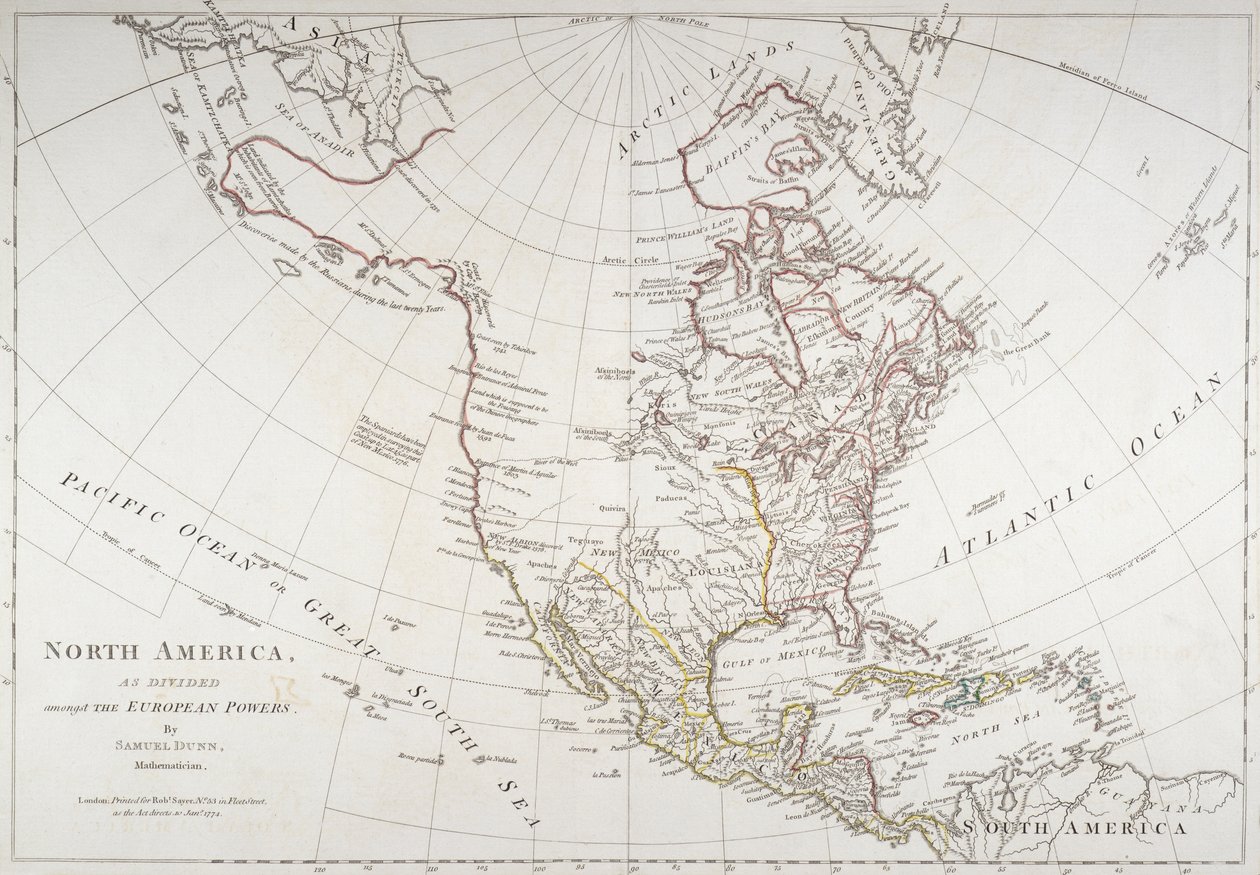 Karta som visar Nordamerika som delat av de europeiska makterna, 1774 av American School