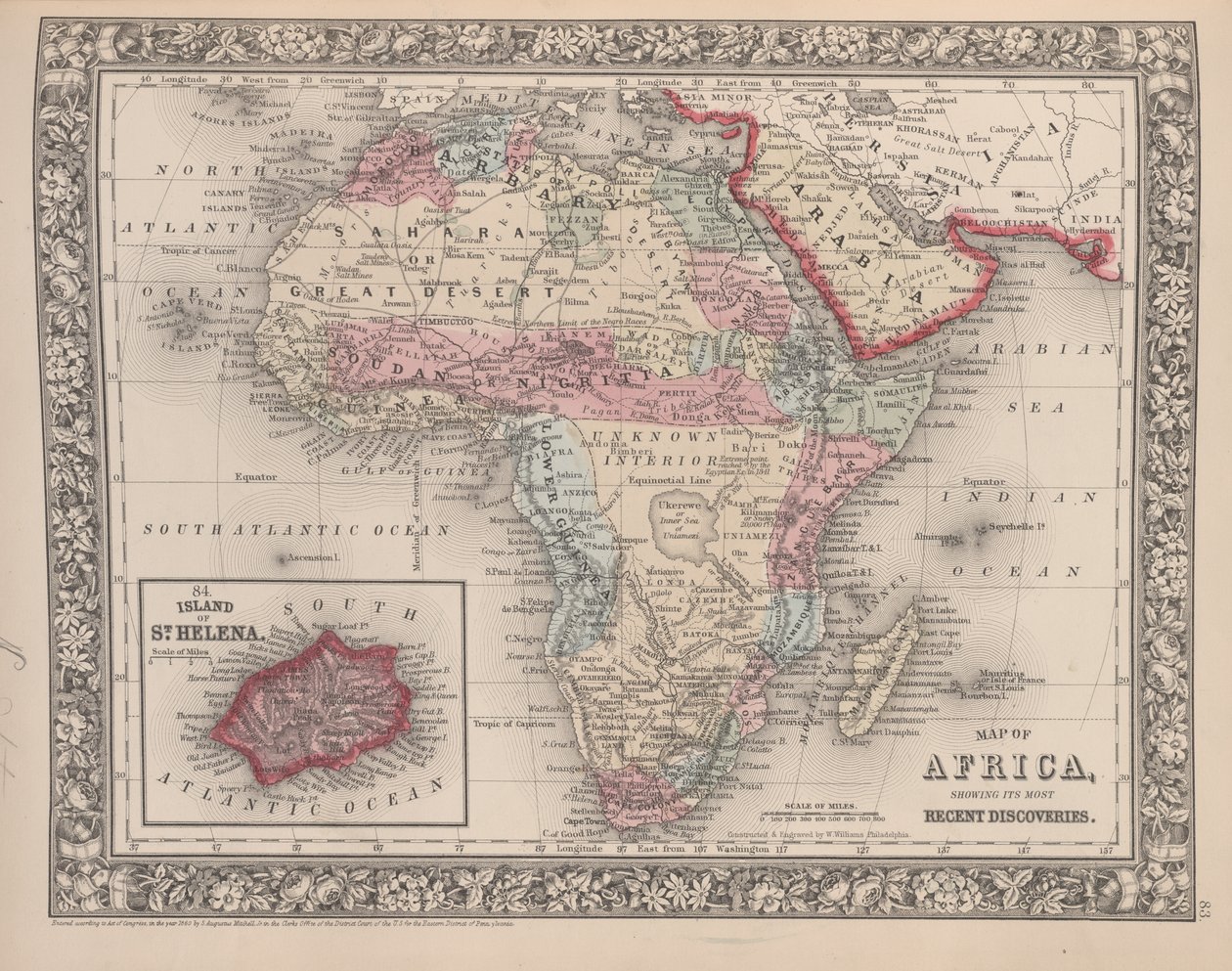 Karta över Afrika som visar dess senaste upptäckter med ön St. Helena insatt från Mitchells nya allmänna atlas, 1863 (färggravyr) av American School