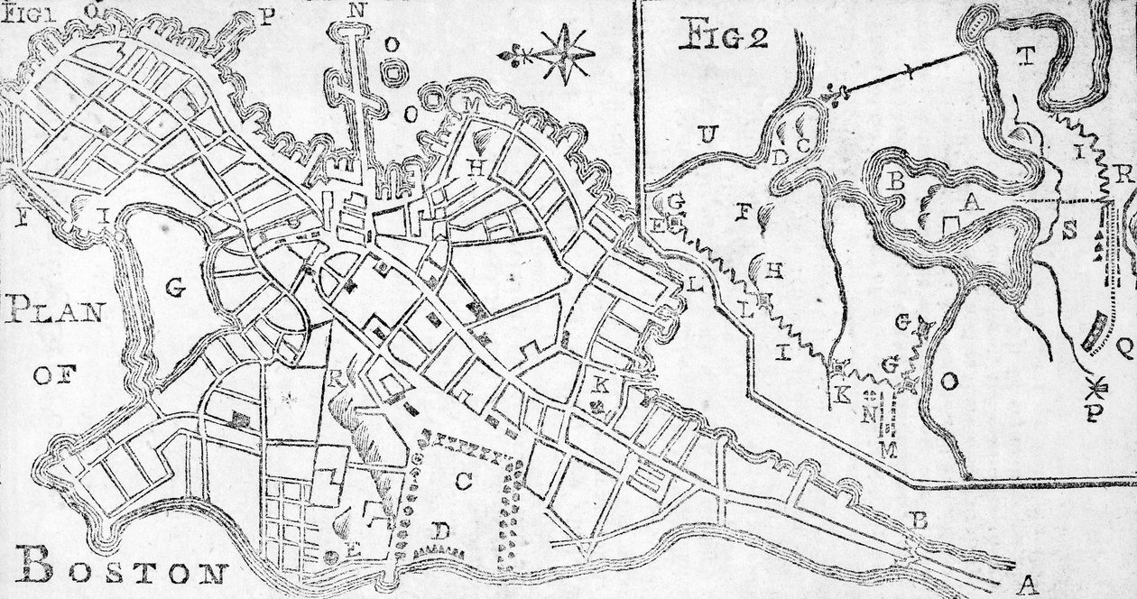 Karta över Boston, tryckt i Bickerstaffs Albany Almanack, 1776 (tryck) av American School