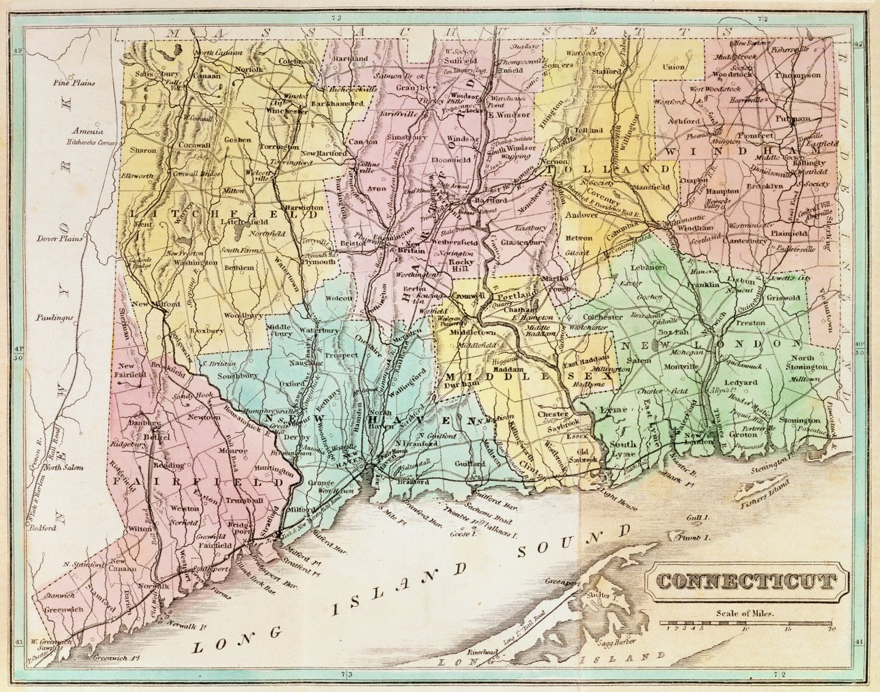 Karta över Connecticut, från "Connecticut Historical Collections" av John Warner Barber, 1856 av American School