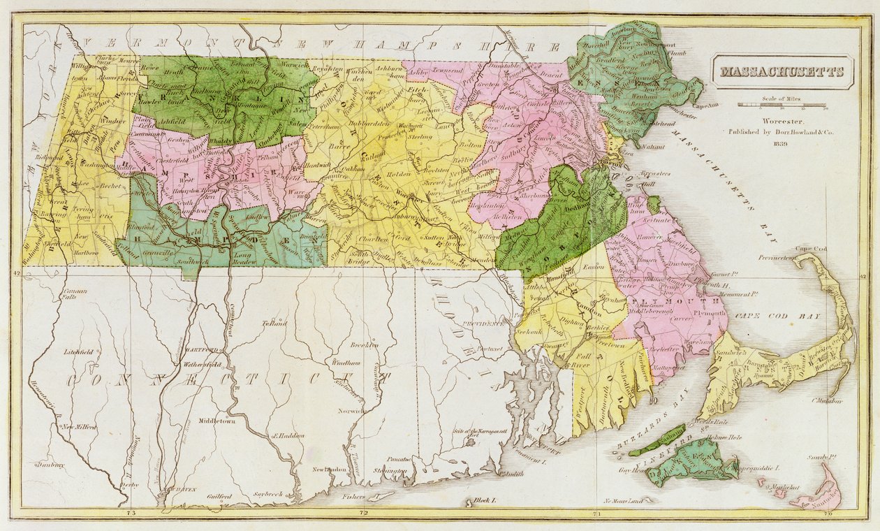 Karta över Massachusetts, från "Historical Collections of Massachusetts", av John Warren Barber, 1839 av American School