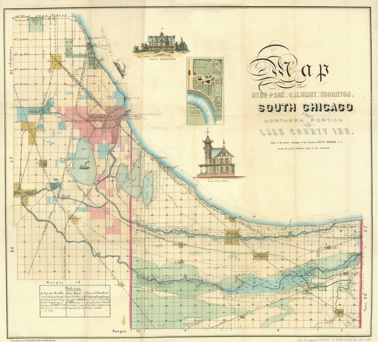 Karta över södra Chicago, 1871 av American School