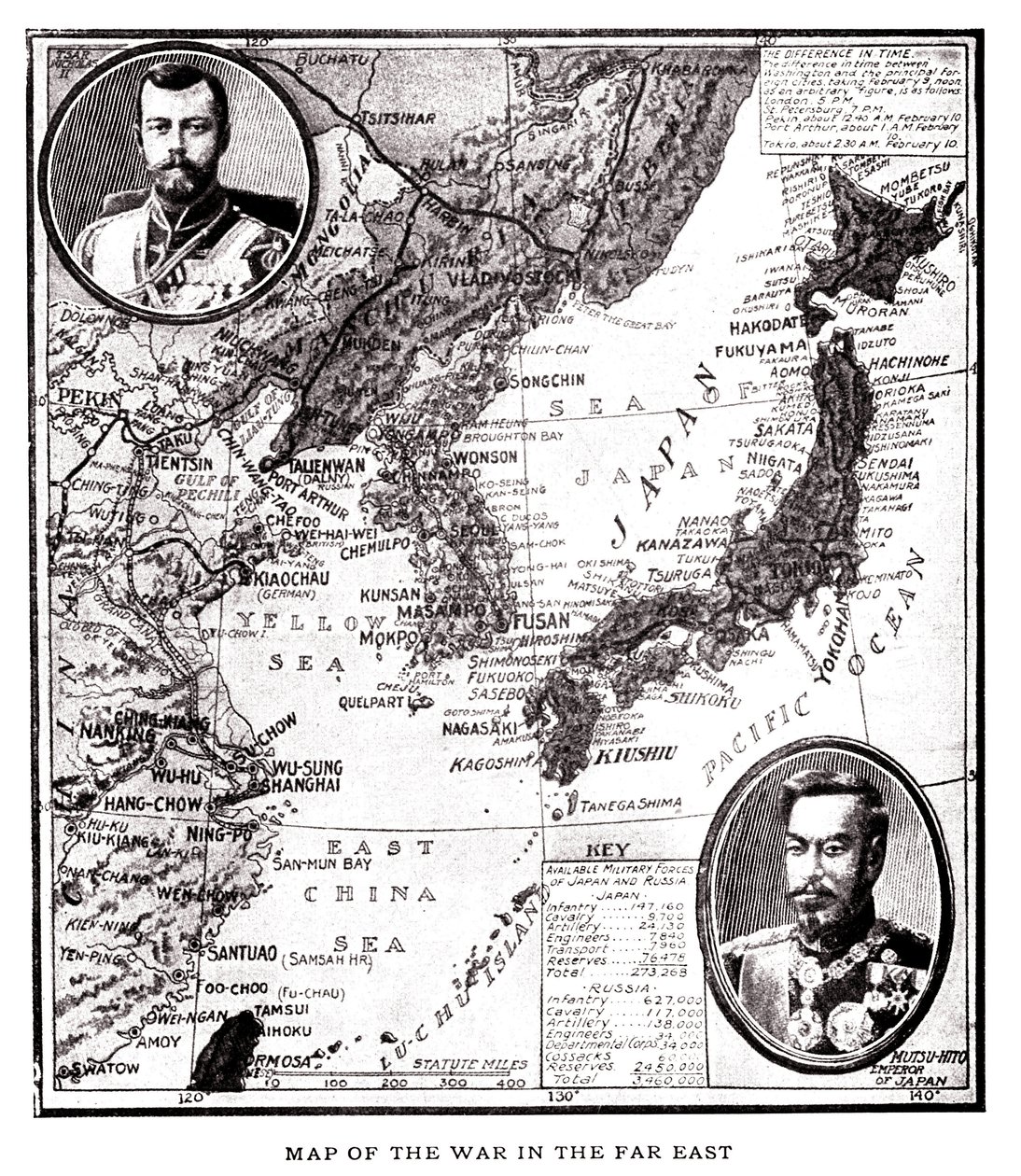 Karta över östra Ryssland, Korea och Japan under den japansk-ryska konflikten (1904-1905). I medaljong, tsar Nikolaj II av Ryssland (1868-1918) och kejsar Meiji av Japan (1852-1912). Illustration, i "Ryssland och Japan och en fullständig historia av kriget av American School