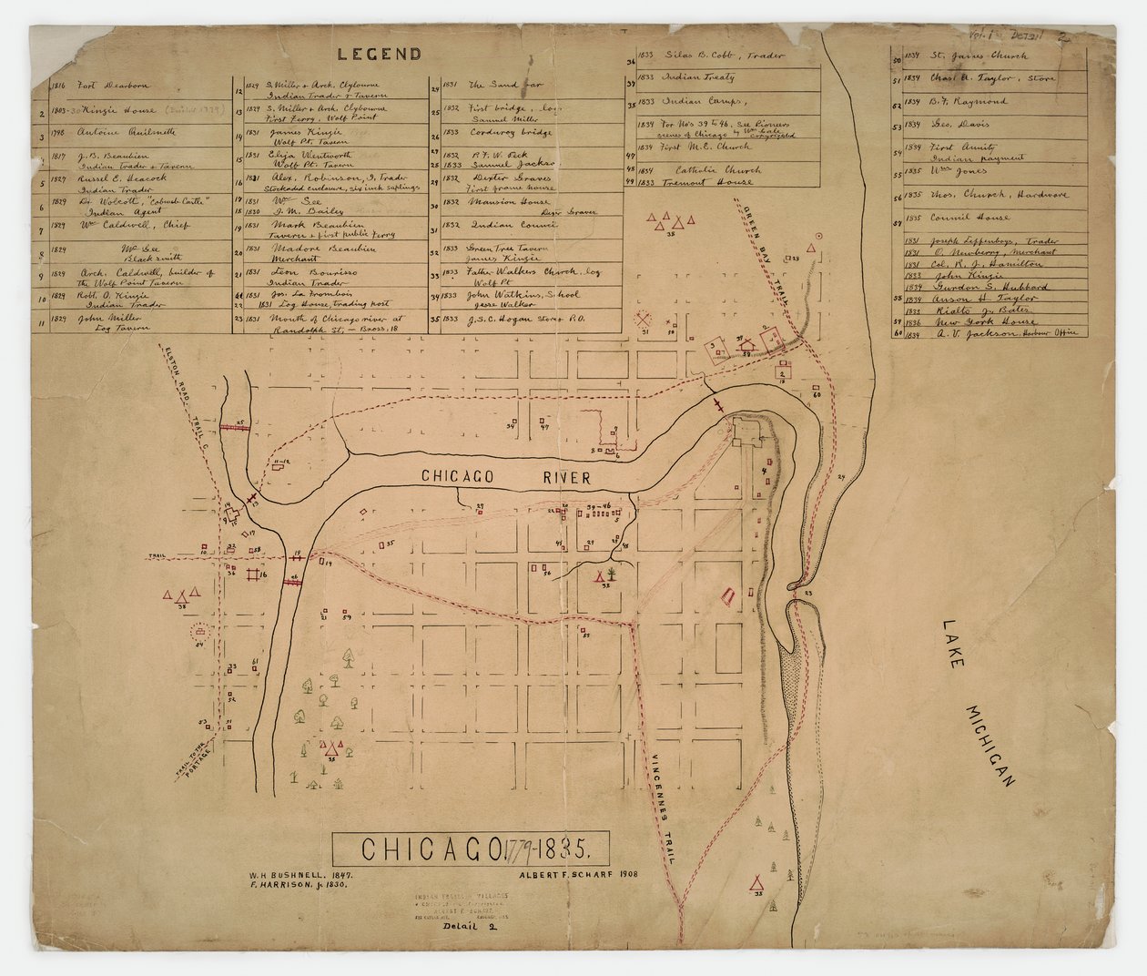 Karta över historiska hus och platser i Chicago, Illinois, ca 1835 av American School
