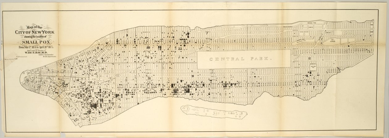 Karta över staden New York som visar platsen för smittkoppor, från 1 maj 1874 till 30 april 1875. av American School