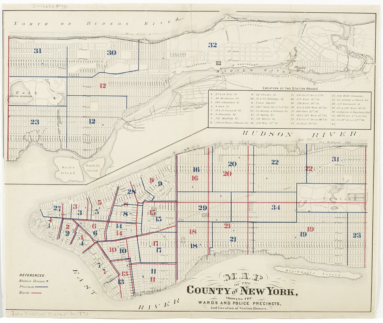 Karta över grevskapet New York, som visar avdelningarna och polisdistrikten och stationshusens läge., 1870 (bläck på papper) av American School