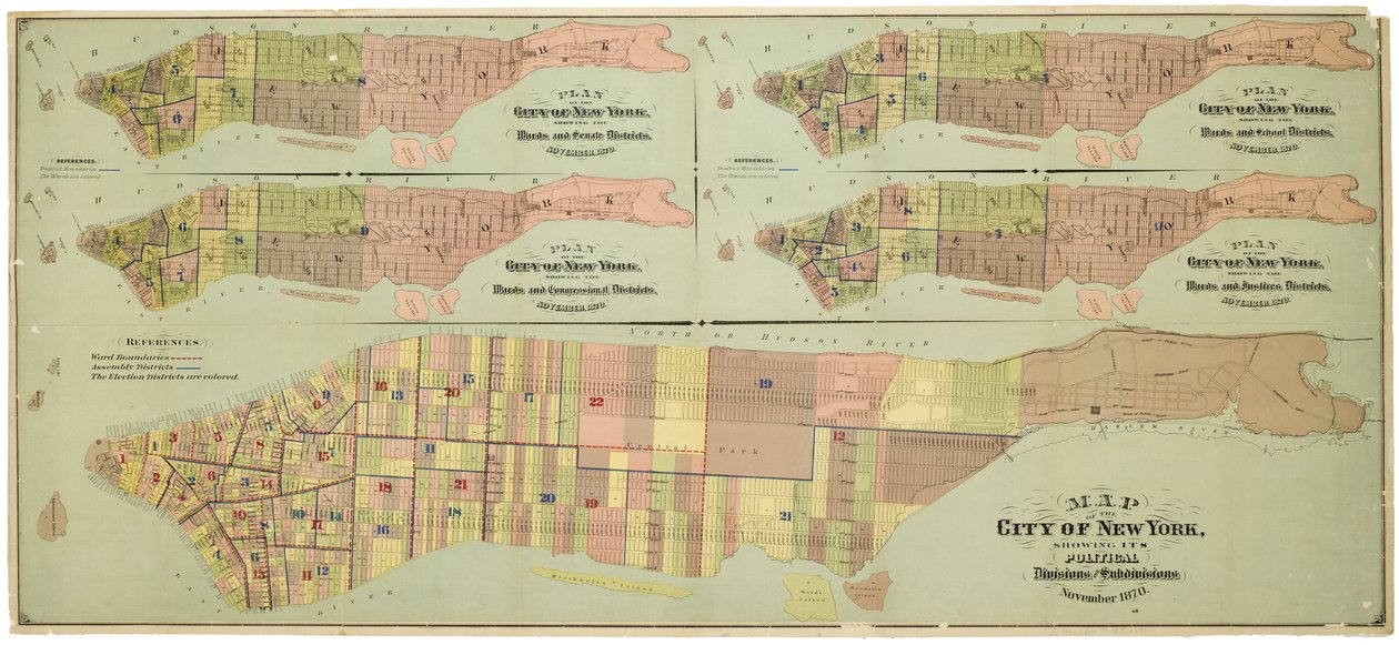 Karta över staden New York, som visar dess politiska indelningar och underavdelningar av American School